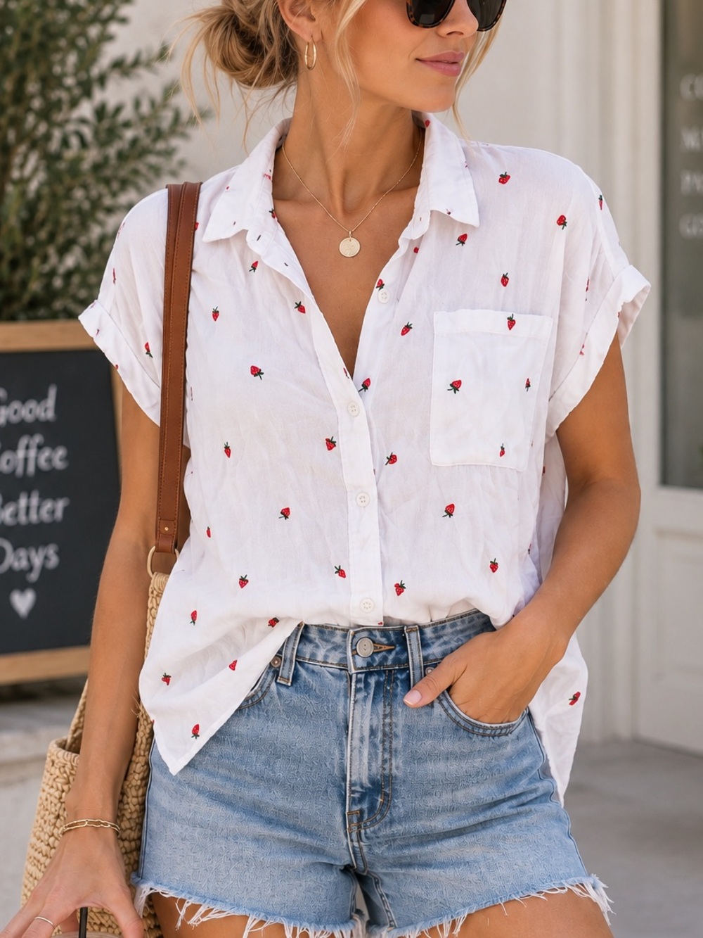 Rails Strawberry Print Button Down Shirt Large White Red Fruit Coastal Summer